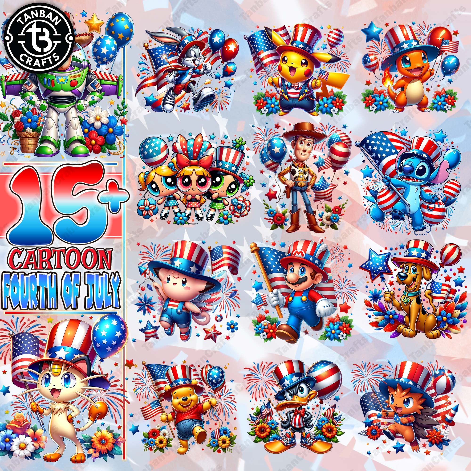 15+ Funny Cartoon Fourth Of July Png Bundle Instant Download