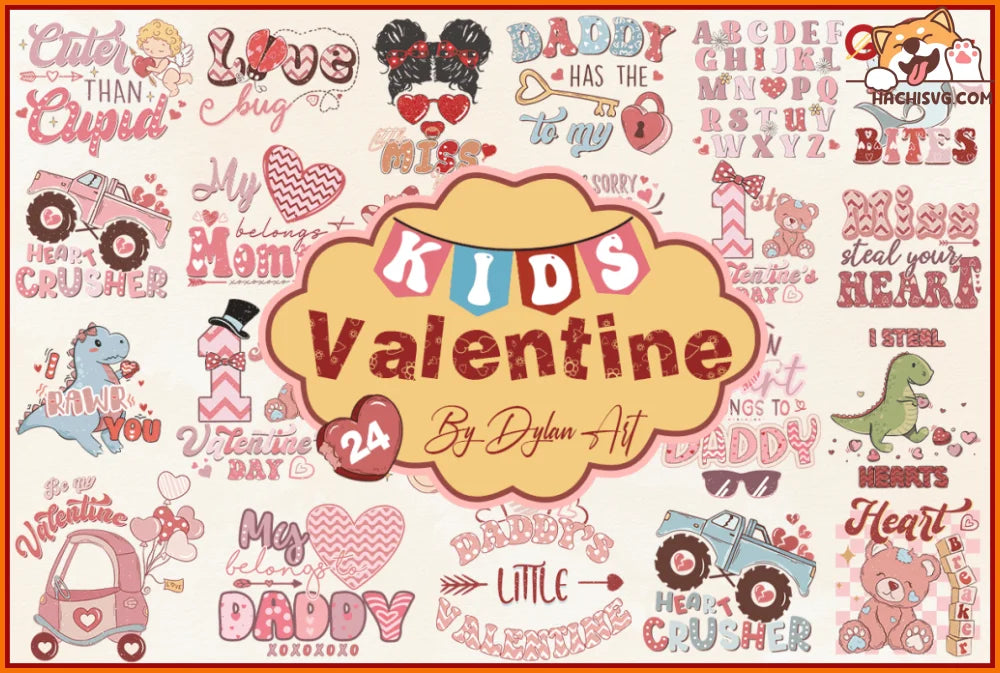 24 Kids valentine svg png bundle retro hugs kisses Miss Diva steal Heartbreaker Lover Babe Cherry Much Heartthrob First Valentine abc lovebug