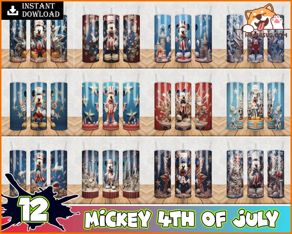 3D Mickey 4th of july  20oz Tumbler Sublimation Design Bundle, 20 oz Sublimation Design PNG, Straight Skinny Tumblers Wraps PNG