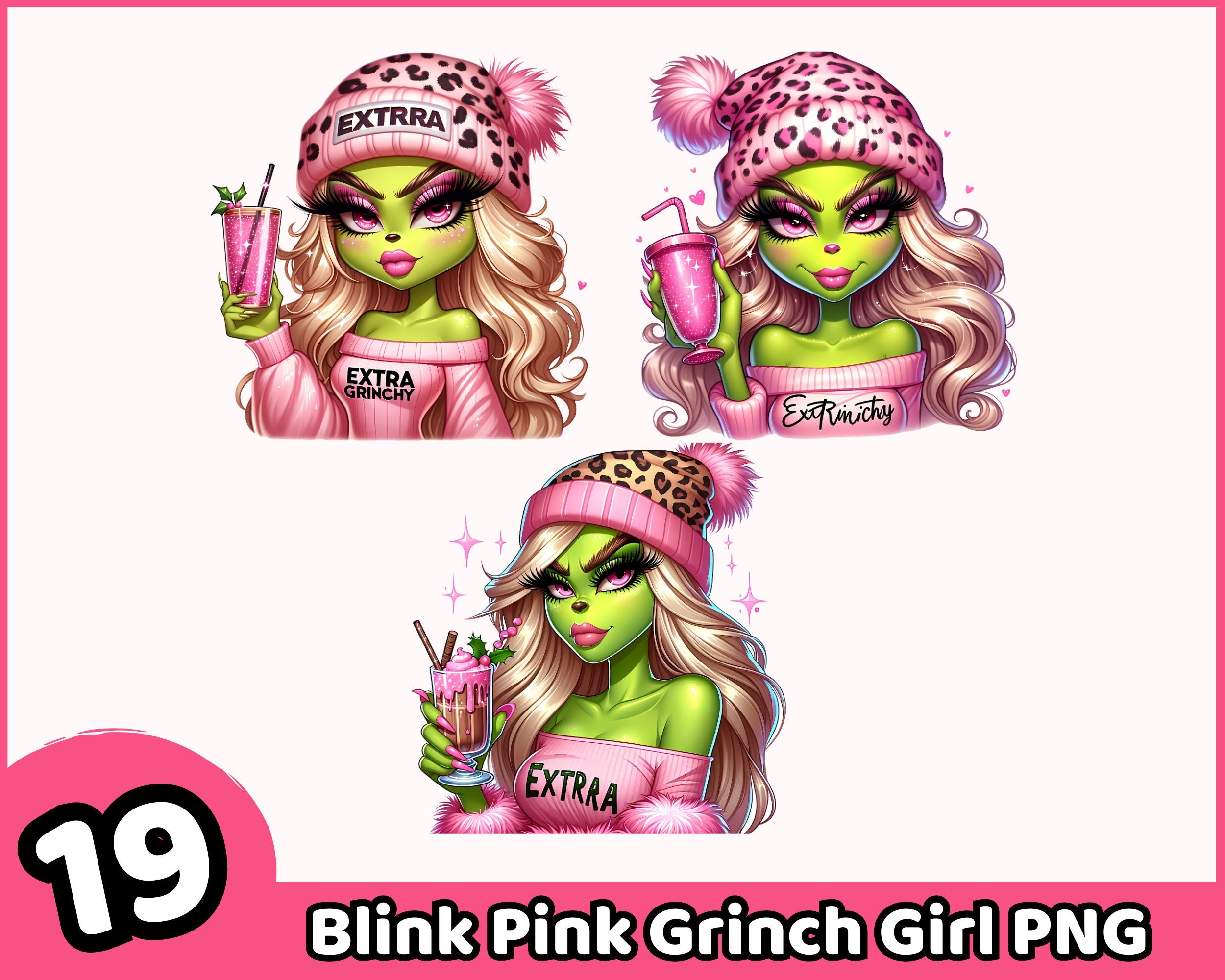 Pink Boujee Grinch Png, Cute Girl Grinch Png, Cheetah Print, Christmas Png, Super cute Grinch Png