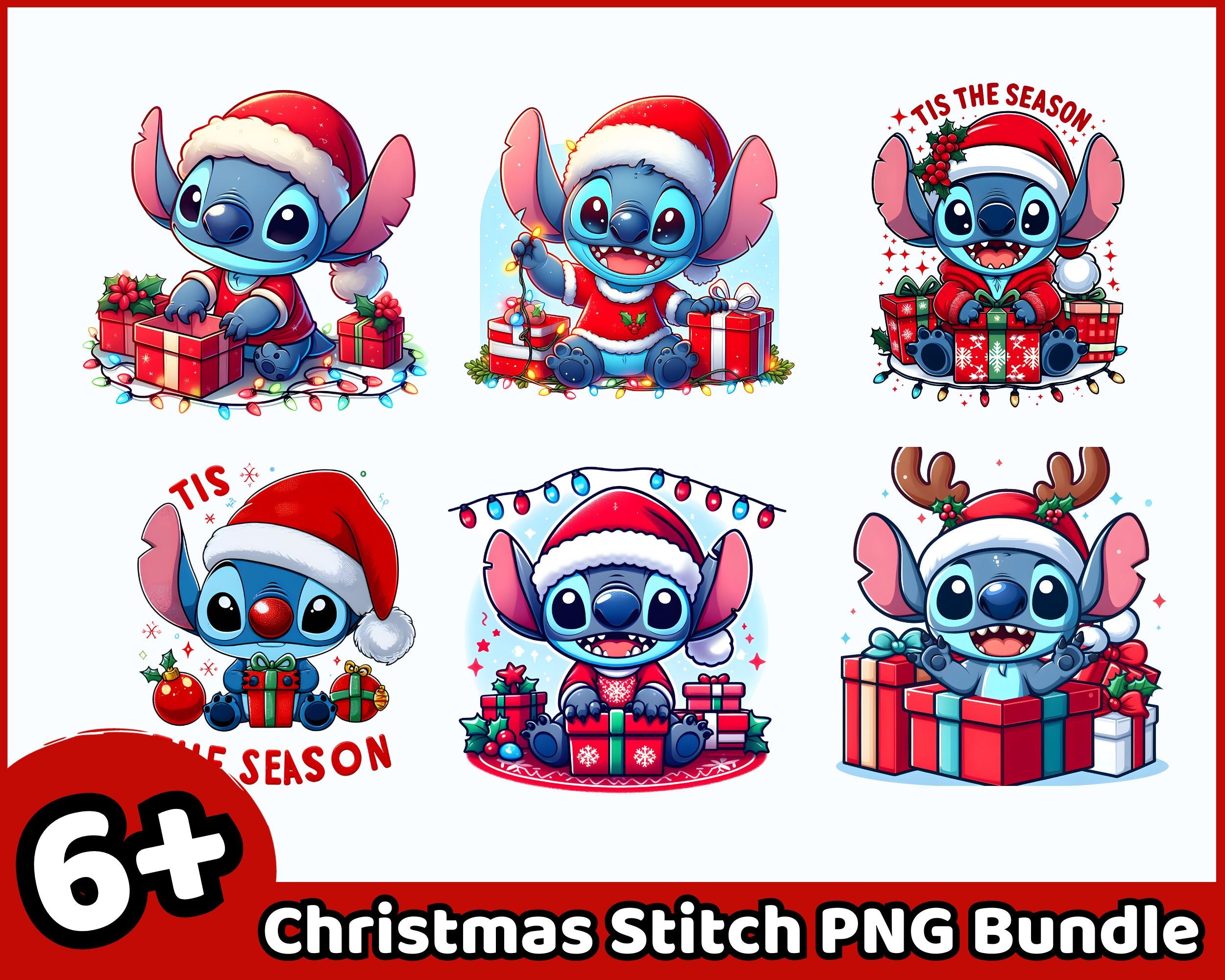 6+ Christmas Stitch PNG Bundle, Stitch Santa Hat Png, Stitch Clipart Png, Stitch Png