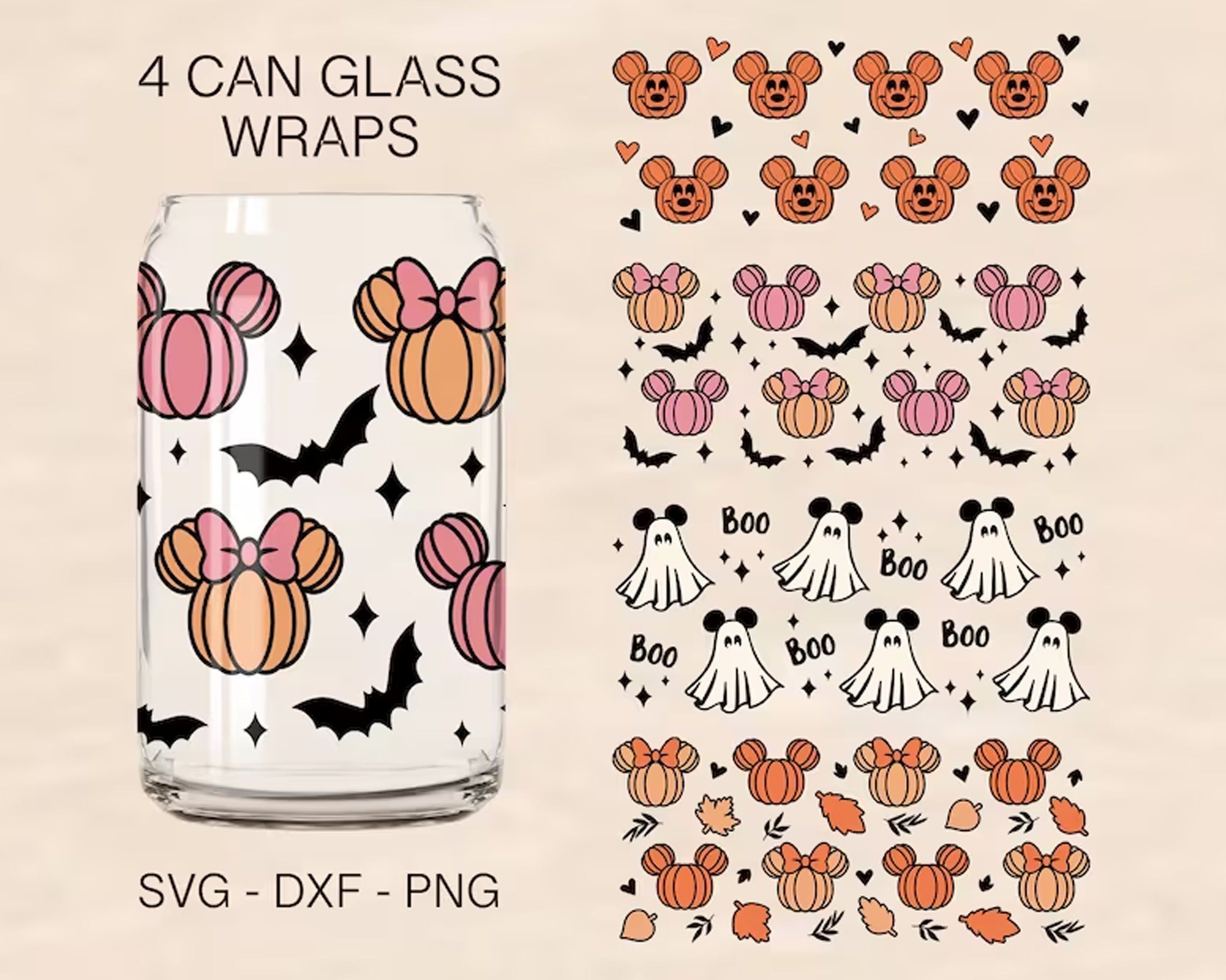 Halloween Mouse Ears Glass Wrap Svg, Mouse Ghosts Glass Wrap, Instant Download