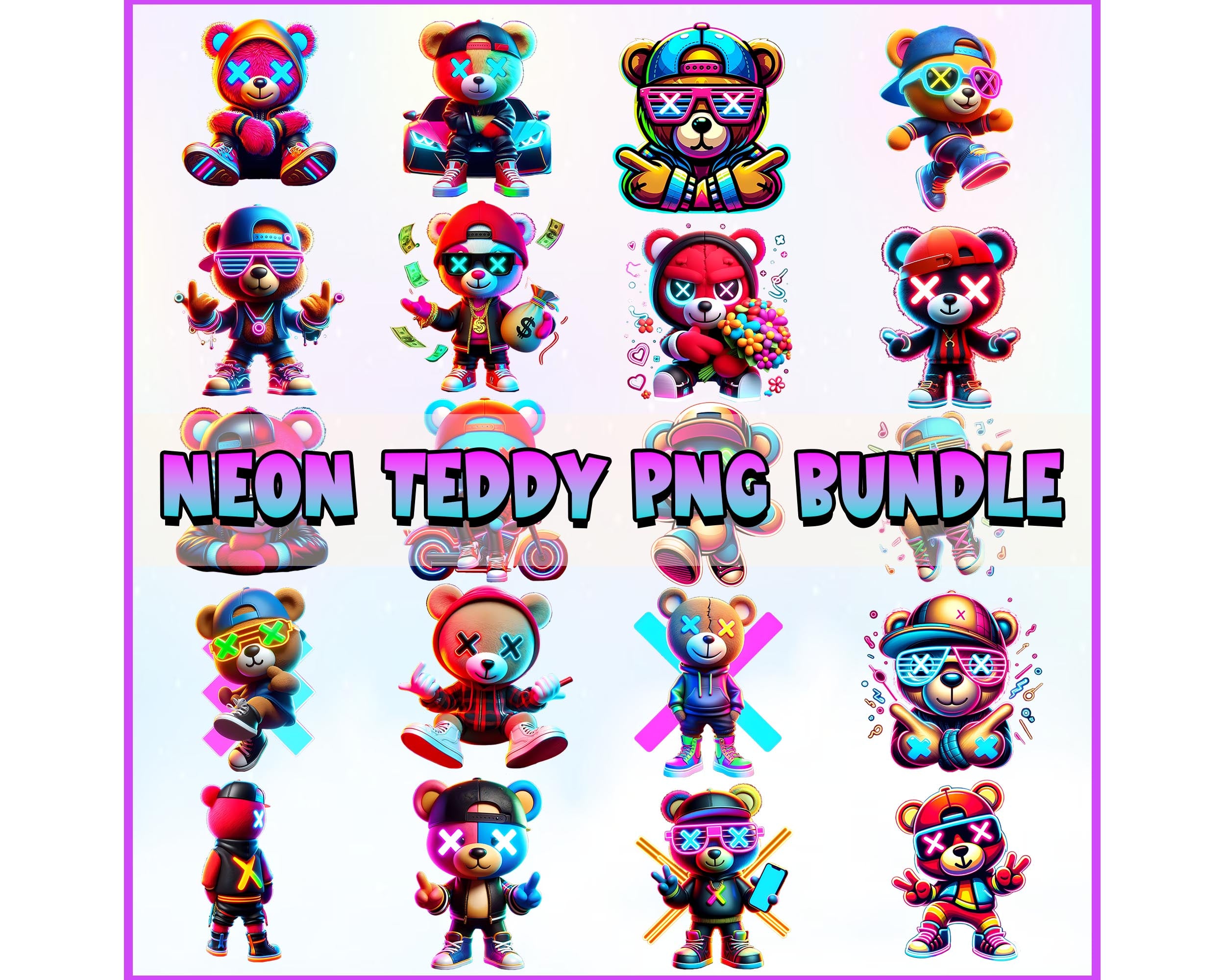 Neon Hip Hop Graffiti Teddy Bear PNG Bundle, Digital Download PNG