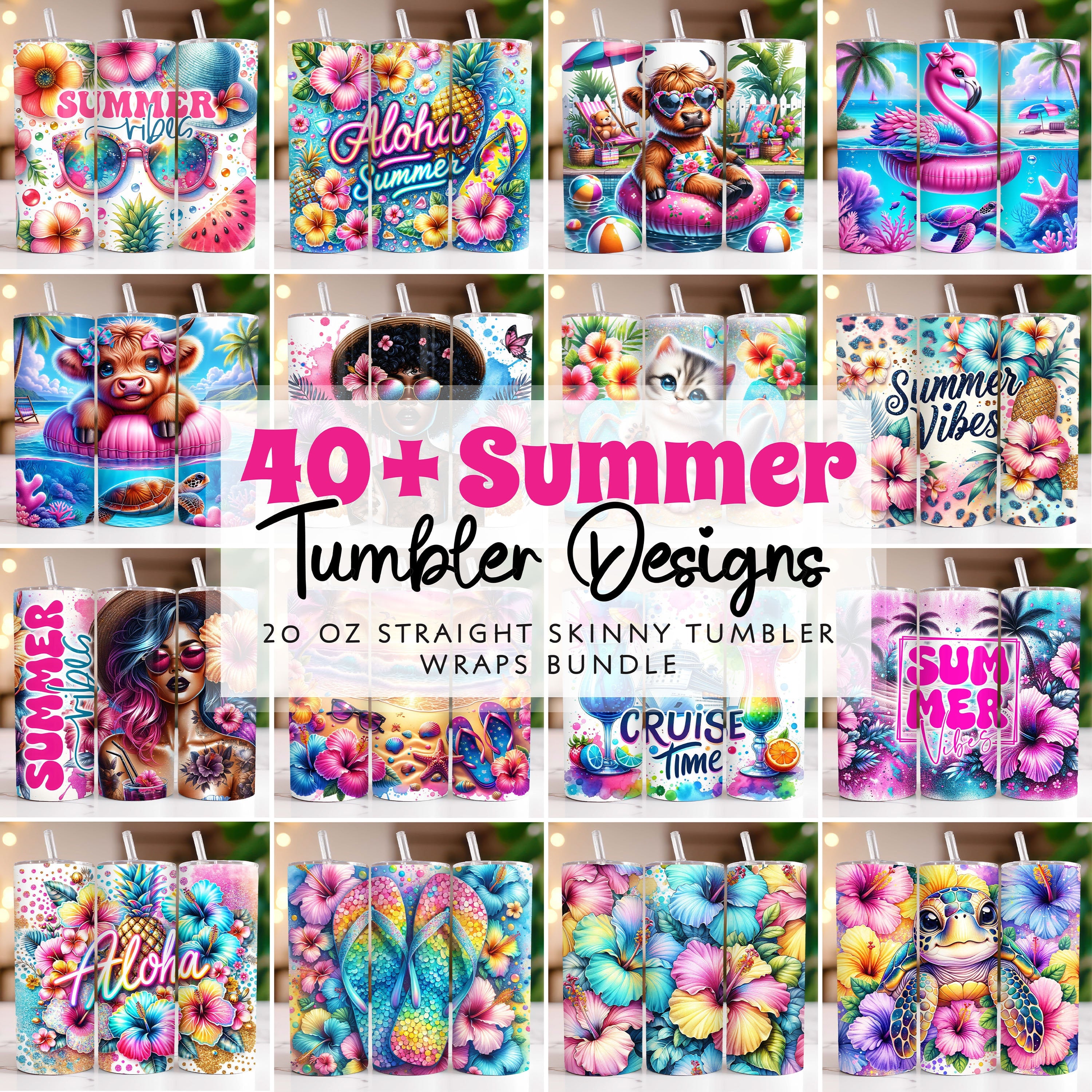 Summer Tumbler Wrap Bundle, 20 oz Skinny Tumbler PNG 
