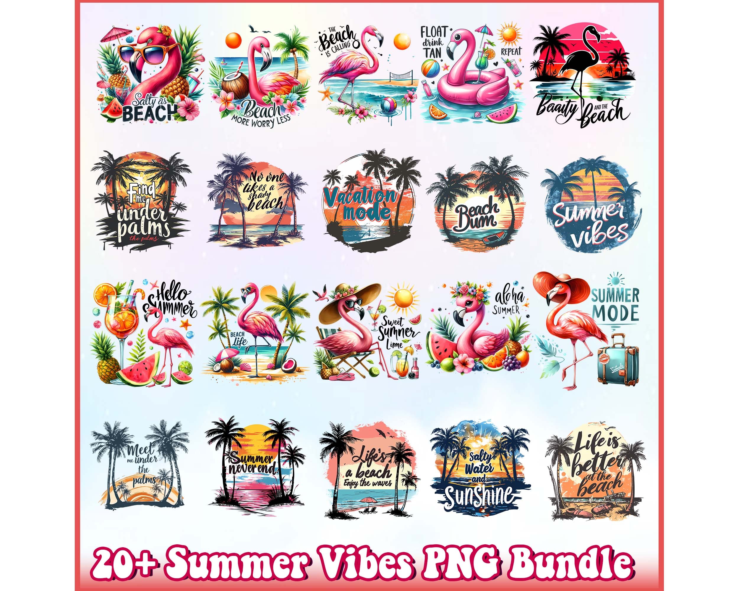 20+ Summer Vibes Png Bundle, Flamingo Summer Instant Download