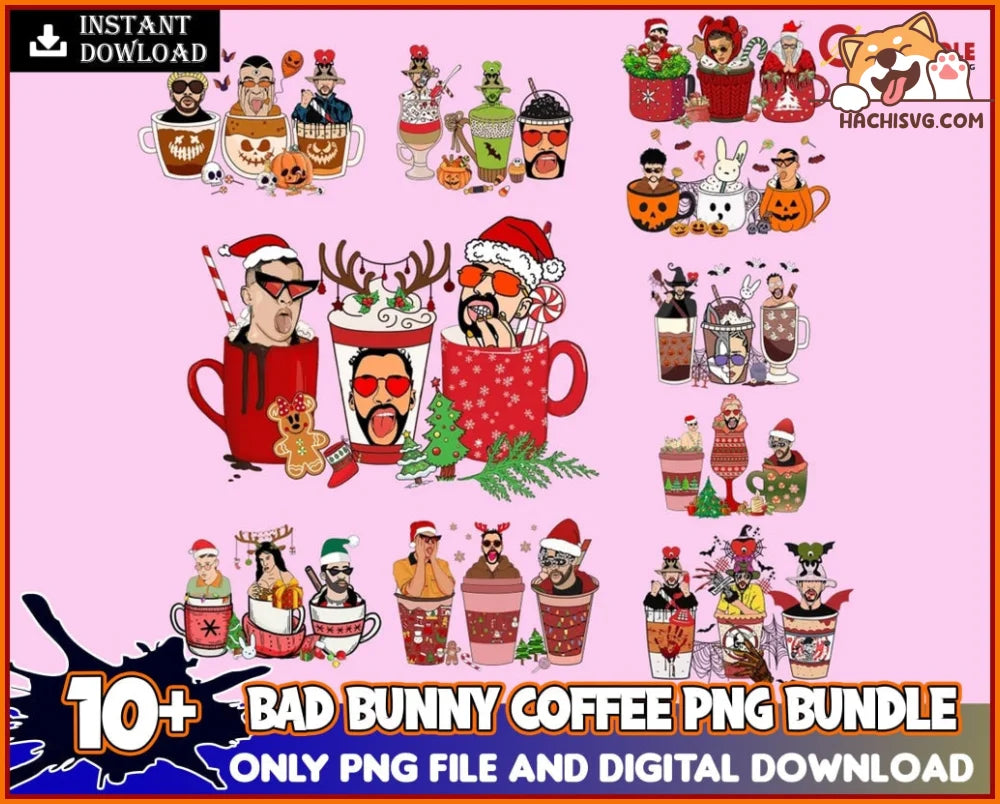 Bad Bunny Latte Png, Halloween Coffee Png, Fall Coffee Png, Pumpkin Spice Iced Warm Autumn, Hand Drawn Printable Files, Digital Download