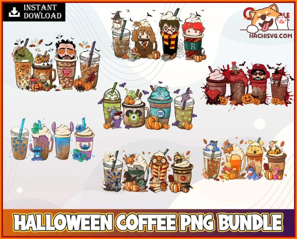 Halloween Coffee Png Bundle, Halloween Coffee, Halloween Horror Coffee PNG, Scream Ghostface, Freddy Krueger, Jason, Michael Myers PNG File,Bad Bunny Latte, Harry Potter Coffee png