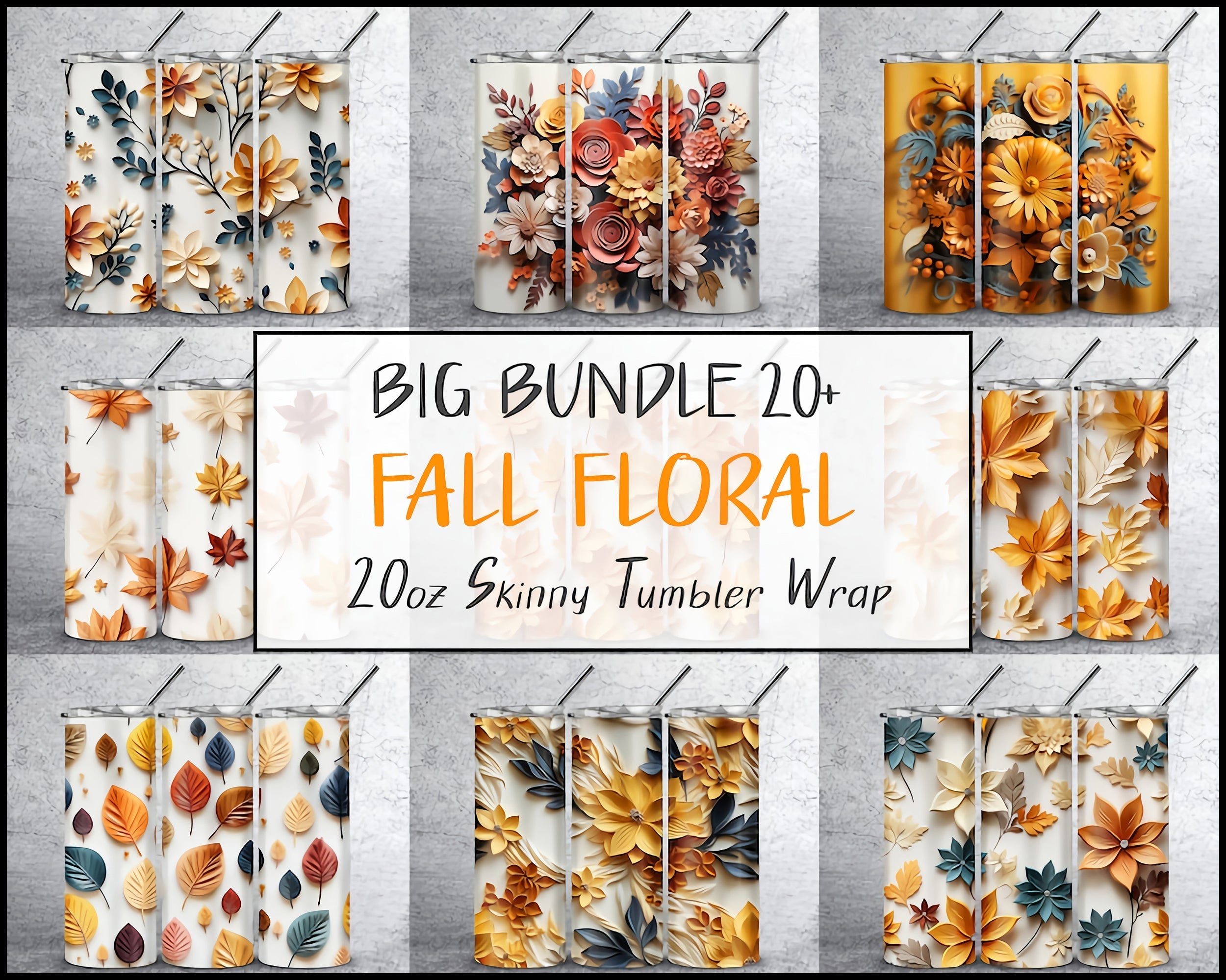 3D Fall Floral, 20oz Skinny Tumbler, Sublimation Design Templates, Straight PNG Digital Download